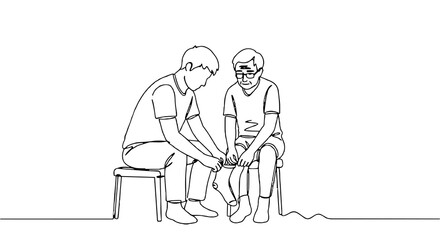 Son helping elderly father put on a sock, line style PNG illustration on transparent background
