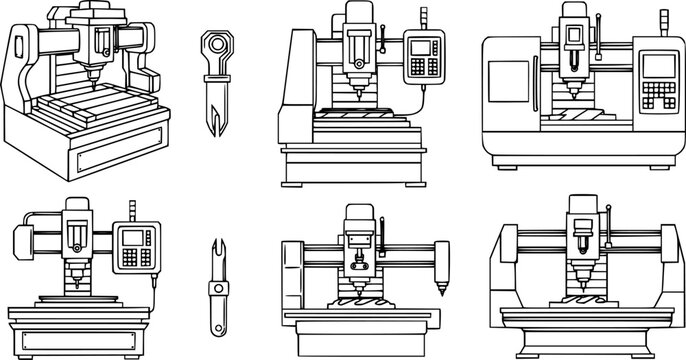 Cnc machine icons set outline vector. Mill controller. Industrial tool
