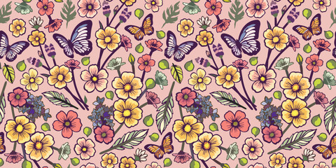 Vector seamless floral pattern. Flowers and butterflies on light pink background