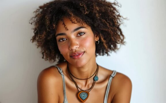 A woman with curly hair is smiling and wearing a necklace. The necklace is a heart-shaped pendant with a blue stone