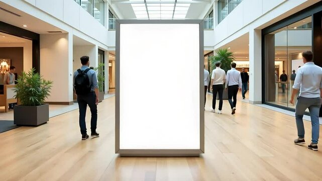 modern shopping mall interior with blank advertisement display showing people walking background ideal for mockup or branding presentation








