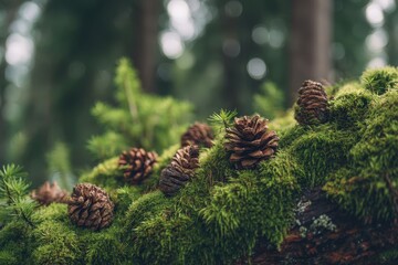 Closeup Pine Cones On Mossy Forest Ground
