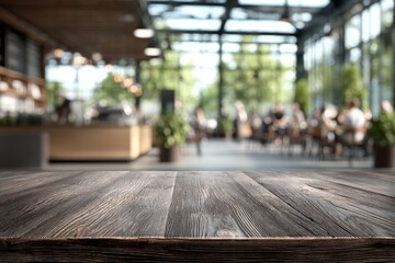 Rustic Wooden Tabletop In A Busy Cafe
