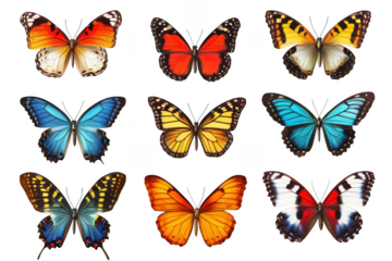 Colorful butterflies isolated on transparent background