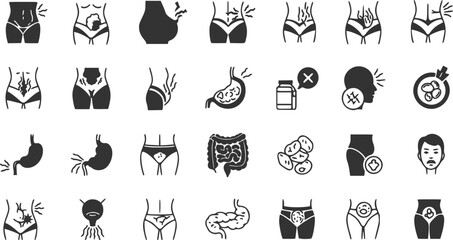vector set of Bloating icons set. People experiencing digestive problems, discomfort, and symptoms related to stomach and gut health
