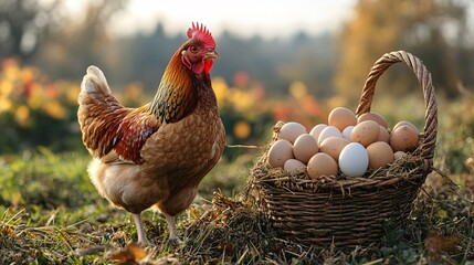 Brown Hen Near a Basket of Eggs in a Sunny Field