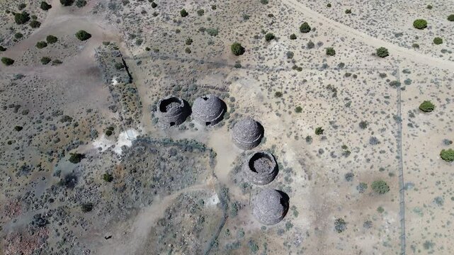 Frisco Kilns near Milford Utah. High angle, straight flyover of the five kilns.