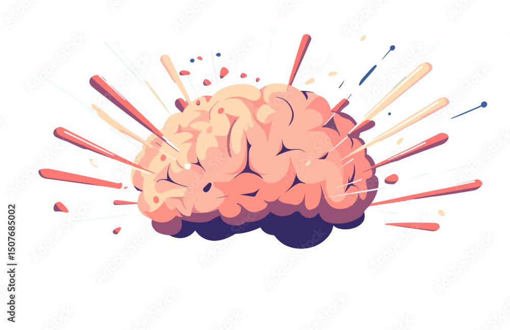 Poster illustration of a brain with exploding and flying apart parts, symbolizing information overload and 