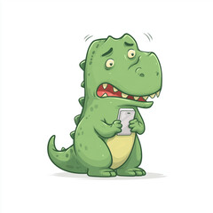 Fototapeta premium cartoon T-Rex character struggling to reach smartphone with tiny arms, frustrated face