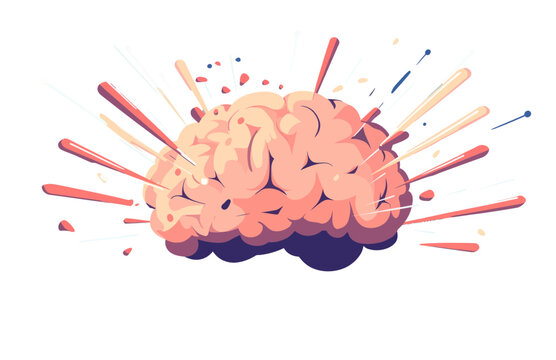 Illustration of a brain with exploding and flying apart parts, symbolizing information overload and a lack of calm thinking in a creative ideological explosion, resulting in intellectual assault and
