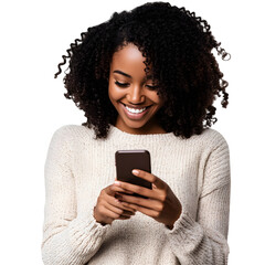 Happy African American woman using a cell phone, cut out
