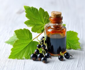 Essential oil, blackcurrant berries on a white table,