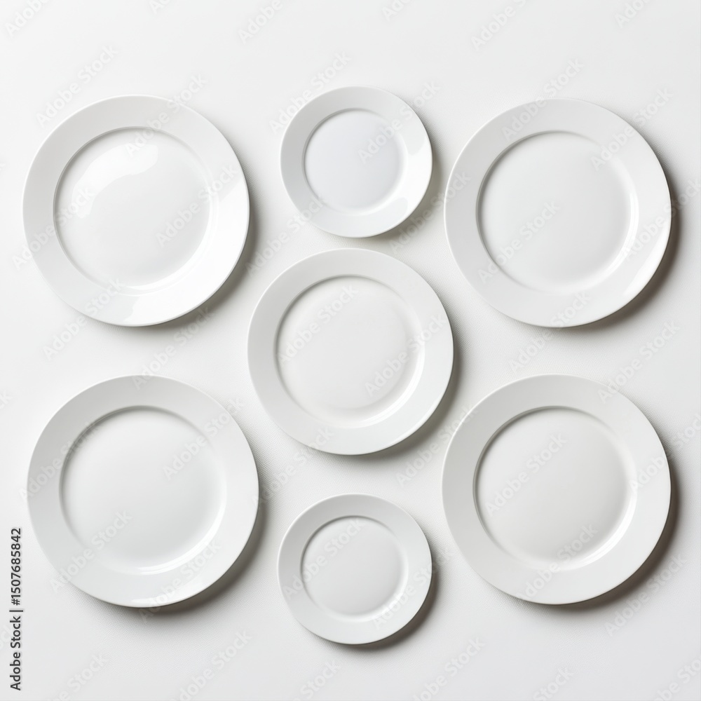 Aufkleber various sizes of empty white plates arranged in artistic pattern on white surface