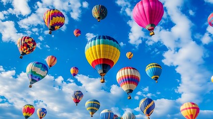 Colorful hot air balloons against a vibrant blue sky filled with puffy white clouds.