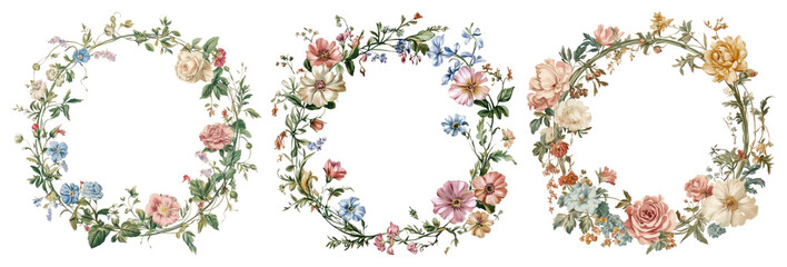 Fototapeta premium PNG Vintage floral wreaths illustration, element set on transparent background