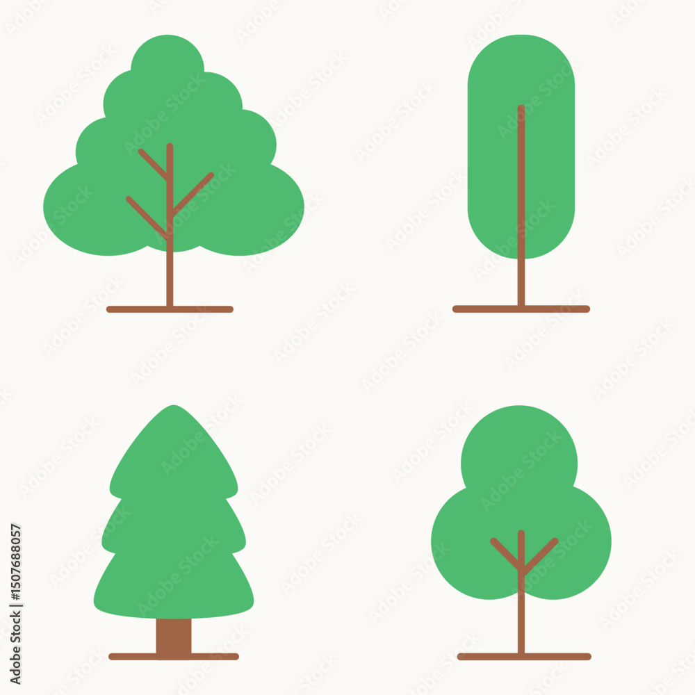 Aufkleber minimal tree illustrations in flat design with simple trunks and soft green foliage in geometric for