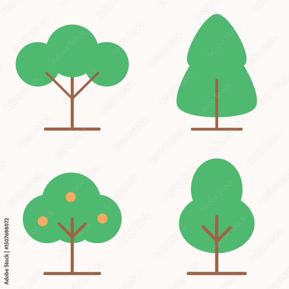 Poster minimal flat vector illustration of cartoon trees with soft shapes and colorful fruits in one tree