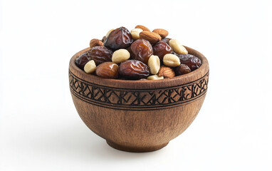 Small Offering Bowl Filled with Fresh Dates and Symbolizing Hospitality and Tradition Isolated on white background.