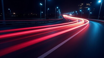 Dynamic streaks of light weave along a futuristic highway at night
