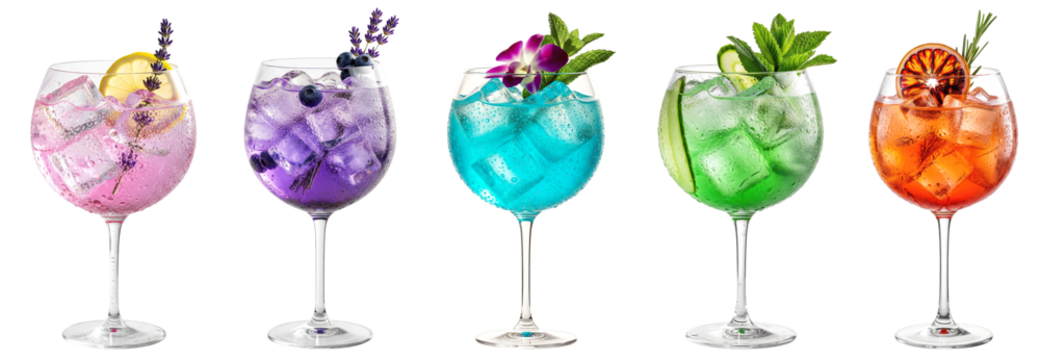 vibrant set of five gin tonic cocktails