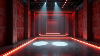 Futuristic hallway with red illumination and spotlights in a dark atmosphere