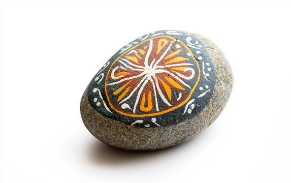 Symbolic Painted Stone Bearing Sacred Mandaean Imagery for Ritual Use Isolated on white background.