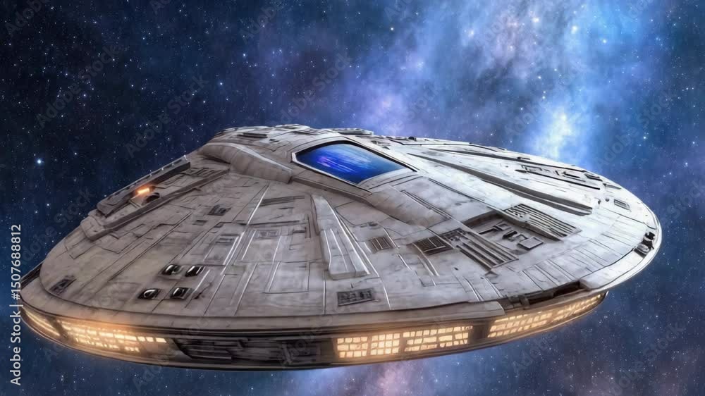 Poster futuristic spacecraft exploring galaxy, featuring advanced technology in outer space.
