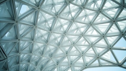Futuristic dome ceiling featuring triangular patterns against a blue sky