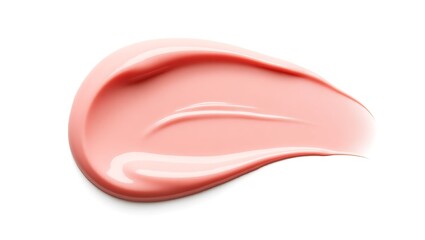 Shiny coral pink cream smear on a white background, smooth texture close up
