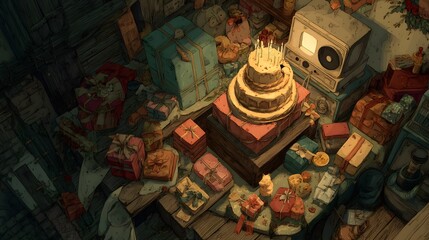 Cozy birthday celebration with gifts cake and vintage radio creates a nostalgic atmosphere