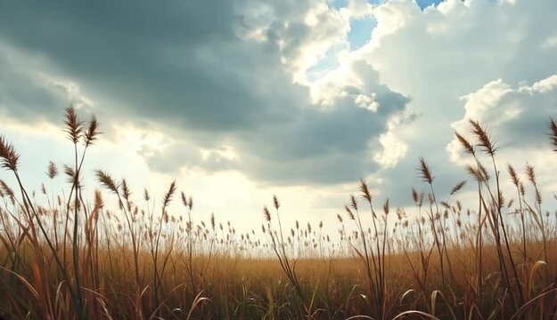 Golden wheat field, golden and blue, natural landscape with dramatic clouds and copy space