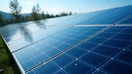Array of Solar Panels Generating Sustainable Energy in a Serene Landscape