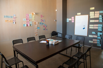 Empty classroom or meeting room with sticky notes on walls