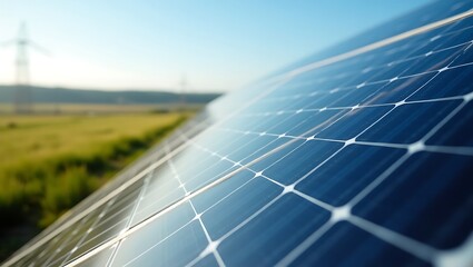 Close-up View of Solar Panels Array Installed in a Field under Blue Sky