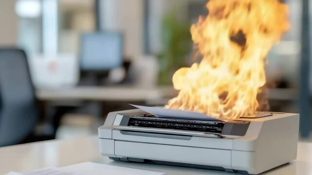 Laser printer erupting in flames while printing paper in a modern office environment.
