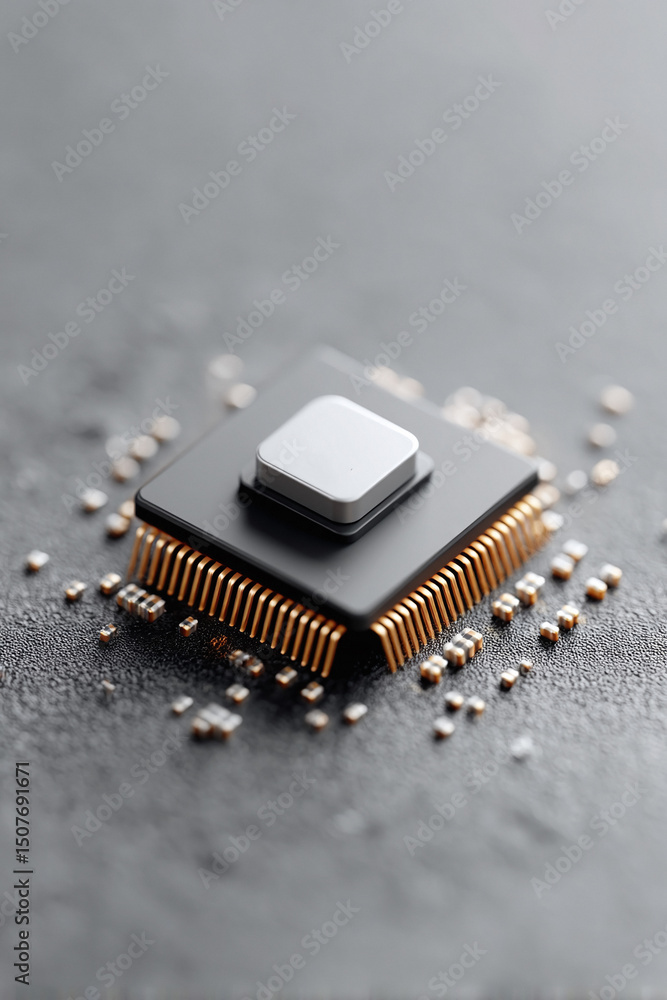 Poster closeup of a microchip on a circuit board. a powerful image representing innovation, technology, and