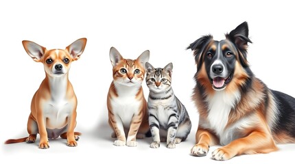 Obraz premium A charming gathering of furry friends posing together in harmony—three dogs and one cat sitting in unity, sharing peace, affection, loyalty, and adorable friendship beyond species.