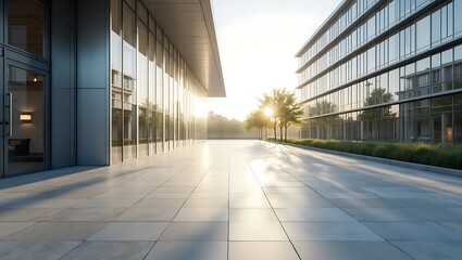 Sunlit modern office building exterior with glass facade and tiled walkway