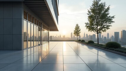 Modern cityscape view from a rooftop terrace during sunrise time