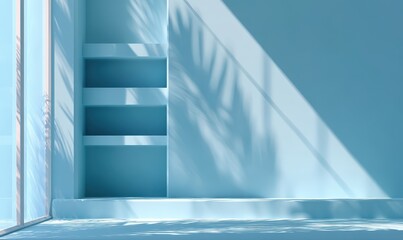 Obraz premium Light Blue Modern Display Room With Shelves And Shadows