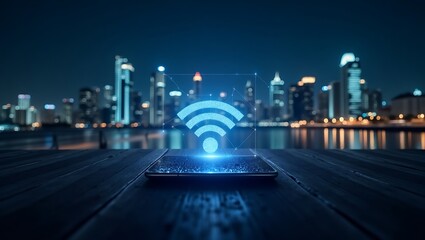 Futuristic depiction of wireless internet on a mobile device against a cityscape