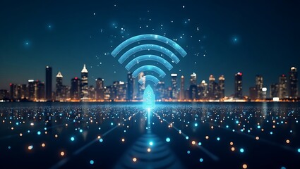 Futuristic smart city with wireless connection and glowing technology
