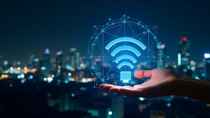 Empowering Connectivity: Hand Presenting a Glowing WiFi Symbol in Cityscape