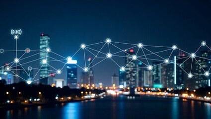 Futuristic network city overlay with nodes connection on metropolitan background