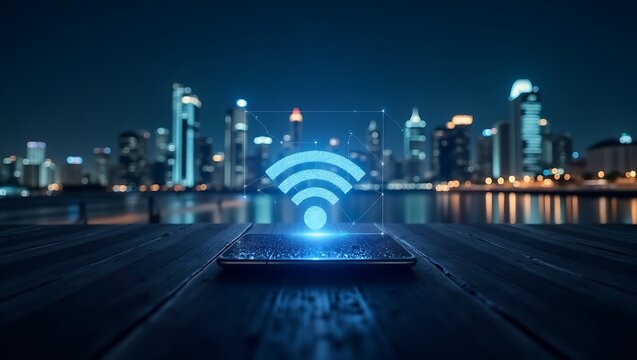 Futuristic depiction of wireless internet on a mobile device against a cityscape - Powered by Adobe