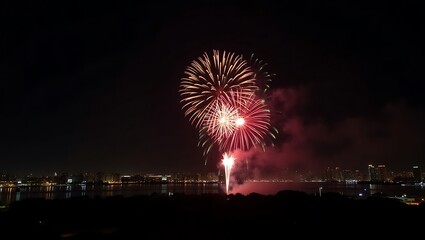Radiant fireworks display illuminates the night sky above a city skyline