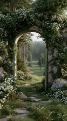 Obraz premium Stone archway with green vines and white flowers for phone wallpaper