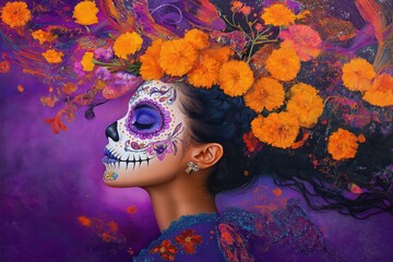 Vibrant portrait of a Latina woman with Day of the Dead sugar skull makeup and marigold flowers in her hair.
