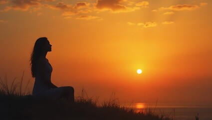 Silhouette of a woman meditating at sunset near the sea horizon