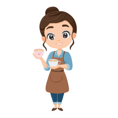 Cartoon barista holding two cups of coffee with a brown apron and blue shirt with a bun hairstyle